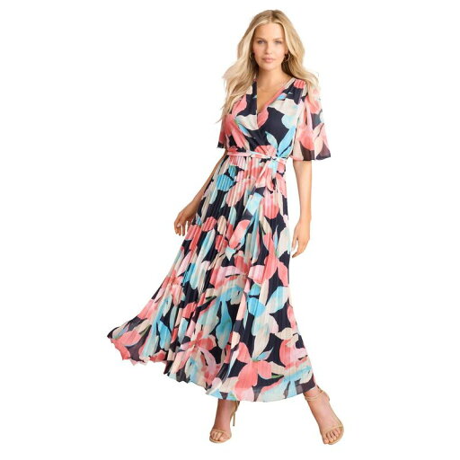 【送料無料】 ロアマンズ レディース ワンピース トップス Roaman's Women's Plus Size Pleated Faux Wrap Dress Navy Floral 【送料無料】 ロアマンズ レディース ワンピース トップス Roaman's Women's Plus Size Pleated Faux Wrap Dress Navy Floral