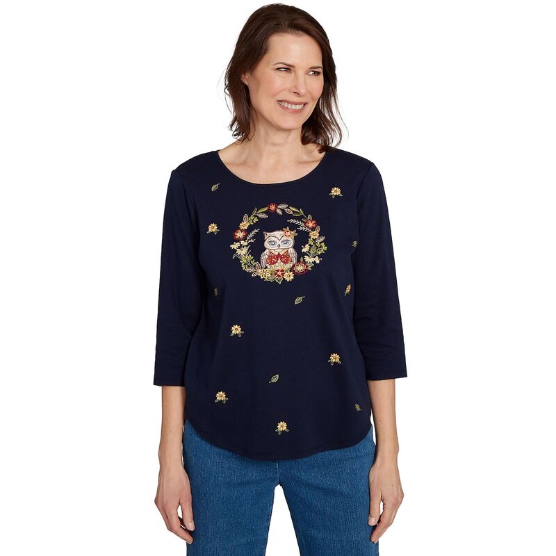 【送料無料】 アルフレッド ダナー レディース Tシャツ トップス Women's Alfred Dunner Owl Wreath Embroidered Top Navy