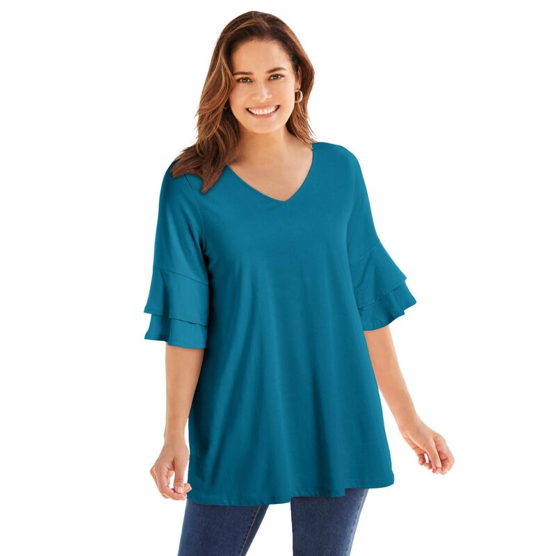 【送料無料】 ウーマン ウィズイン レディース Tシャツ トップス Woman Within Plus Size Ruffled Elbow-Sleeve Tunic Deep Teal