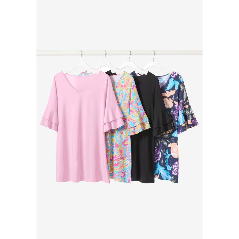 【送料無料】 ウーマン ウィズイン レディース Tシャツ トップス Woman Within Plus Size Ruffled Elbow-Sleeve Tunic Deep Teal