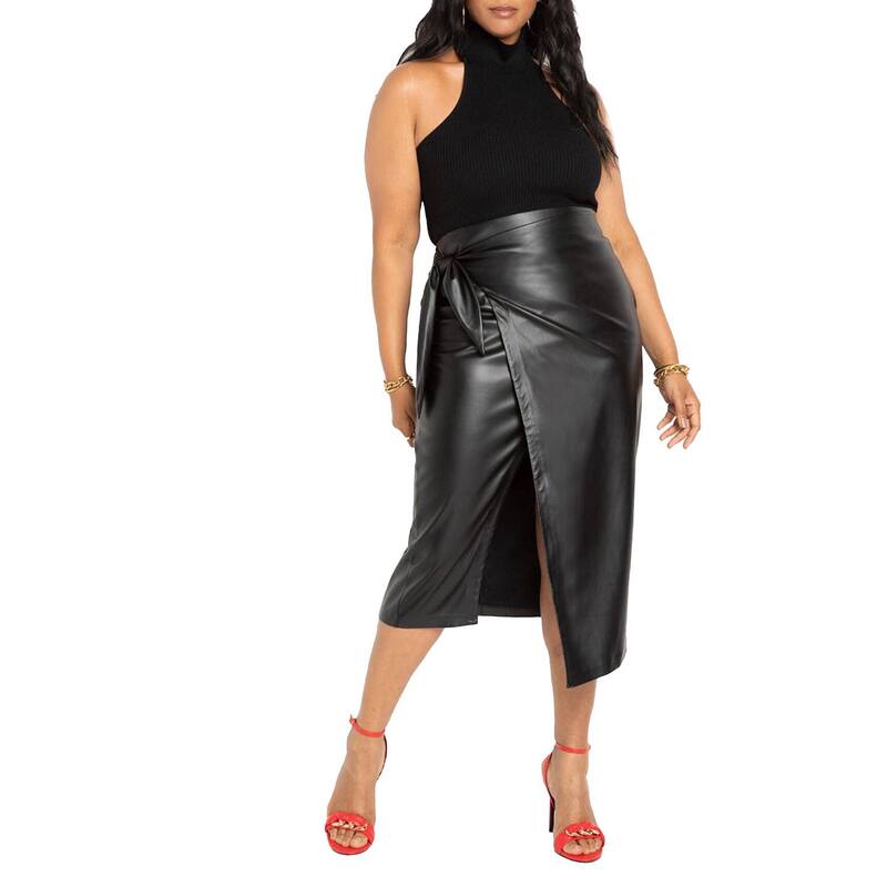 【送料無料】 エロクイ レディース スカート ボトムス ELOQUII Women's Plus Size Wrap Front Faux Leather Midi Skirt Totally Black