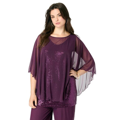 【送料無料】 ロアマンズ レディース Tシャツ トップス Roaman's Women's Plus Size Georgette Mesh Overlay Top Dark Berry 【送料無料】 ロアマンズ レディース Tシャツ トップス Roaman's Women's Plus Size Georgette Mesh Overlay Top Dark Berry
