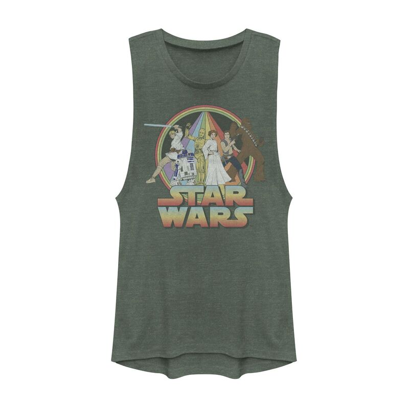 【送料無料】 ライセンス キャラクター レディース Tシャツ トップス Juniors' Star Wars Rainbow Group Shot Vintage Poster Muscle Tee Pine Heather