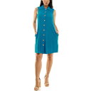 【送料無料】 ニナレオナルド レディース ワンピース トップス Women's Nina Leonard Button Down Shirt Dress Blue Jewel(4)