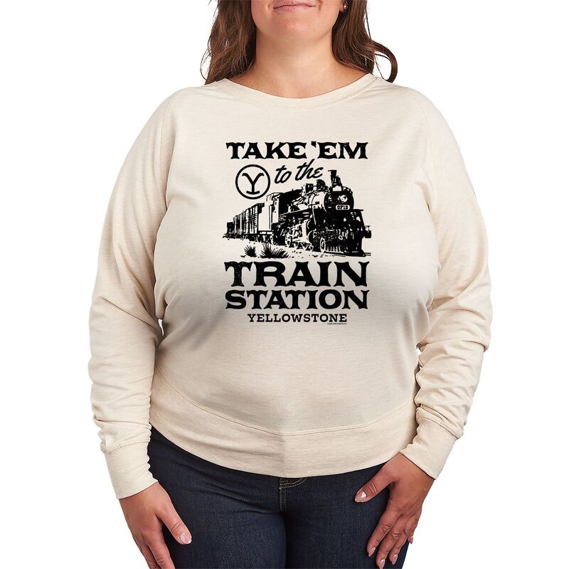 アニメキャラクター レディース トップス Tシャツ プラスサイズ パイル Licensed Character Plusize Yellowstone Take 'Em To Train Station French Terry Long Sleeve Tee Beige ベージュ