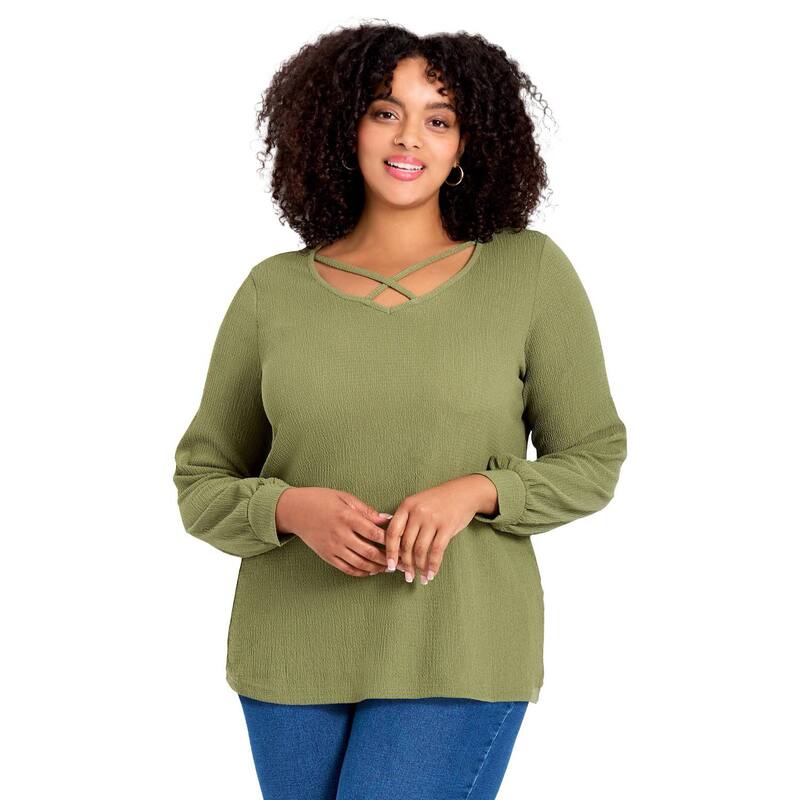 アベニュー レディース トップス Tシャツ Vネック プラスサイズ Avenue Women's Plusize V-Neck Criss-Cross Top Olive Green グリーン