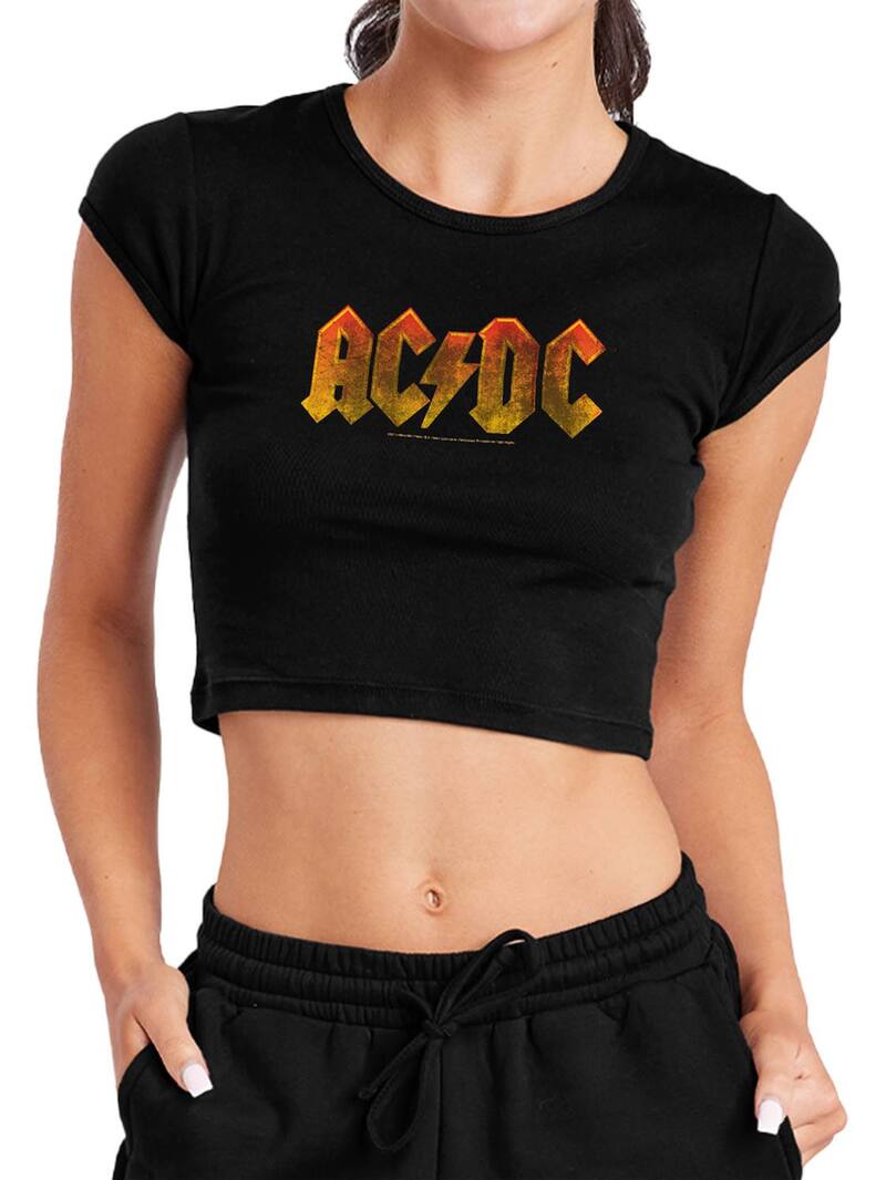 Three-Quarter - アニメキャラクター レディース トップス Tシャツ ロゴ Licensed Character Juniors' AC/DC Gradient Logo Crop Top Black ブラック