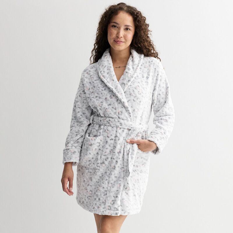 【送料無料】 ソノマ レディース ナイトウェア アンダーウェア Women's Sonoma Goods For Life Short Plush Wrap Robe Gray Tonal Leopard