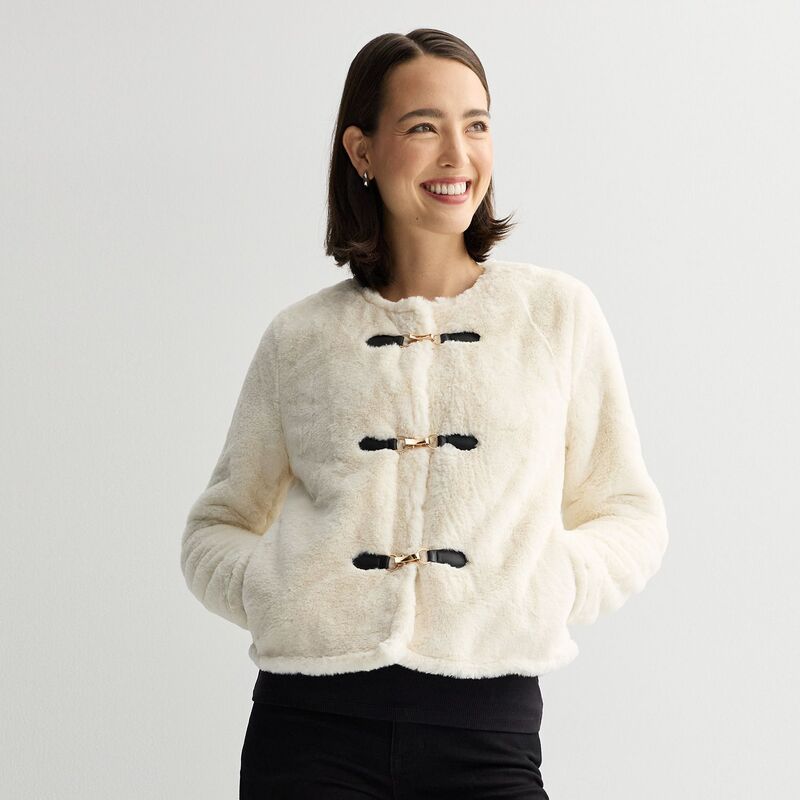ナインウェスト レディース アウター ジャケット・ブルゾン Women's Nine West Collarless Faux Fur Shearling Jacket Daisy Dew(4)