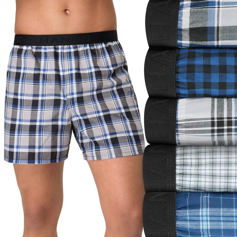 【送料無料】 ヘインズ メンズ ボクサーパンツ アンダーウェア Men's Hanes 5-Pack Core Assorted Plaid Woven 6-Inch Boxer Underwear Blue Black Print