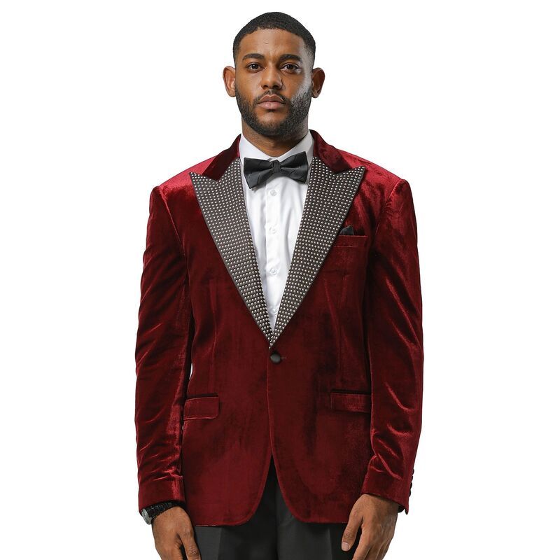 ステイシーアダムス メンズ アウター ジャケット・ブルゾン ベルベット ブレザー Stacy Adams Men's Velvet Blazer with Rhinestone-Embedded Peak Lapel Burgundy バーガンディ