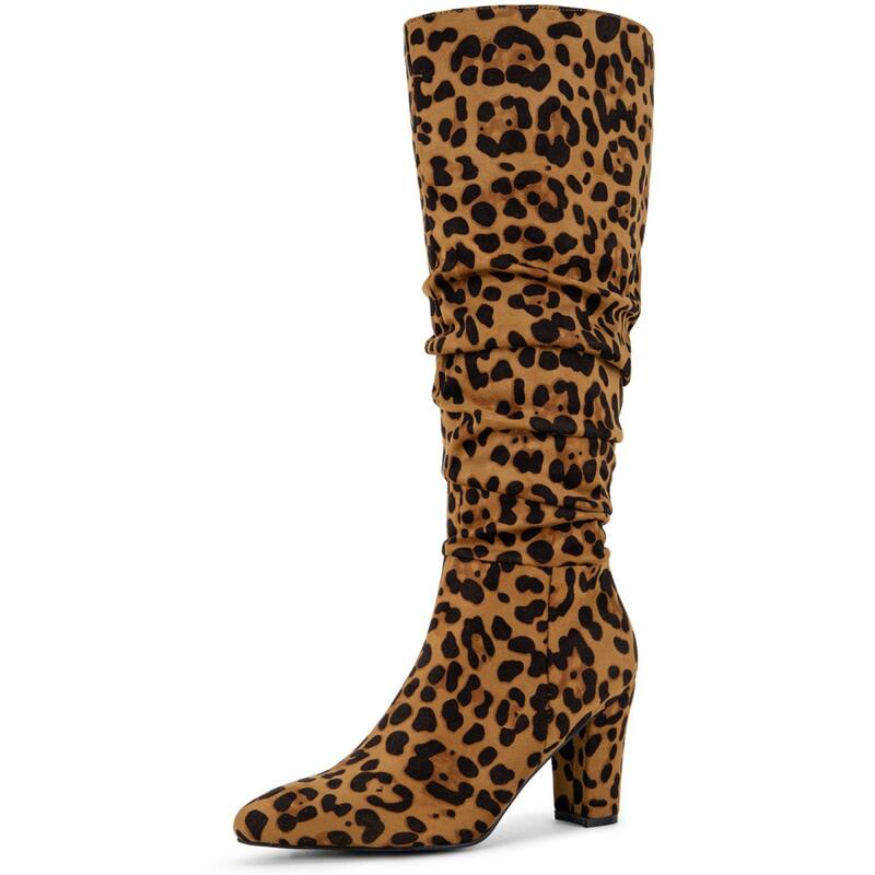 アレグラ ケー レディース シューズ ブーツ・レインブーツ ヒール ALLEGRA K Women'slouch Pointed Toe Chunky Heel Knee High Boots Leopard アニマル