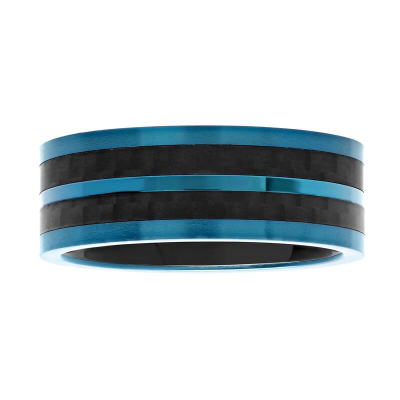 【送料無料】 アンブランデッド メンズ リング アクセサリー Men's Two-Tone Blue & Black Stainless Steel Stripe Band Silvertone