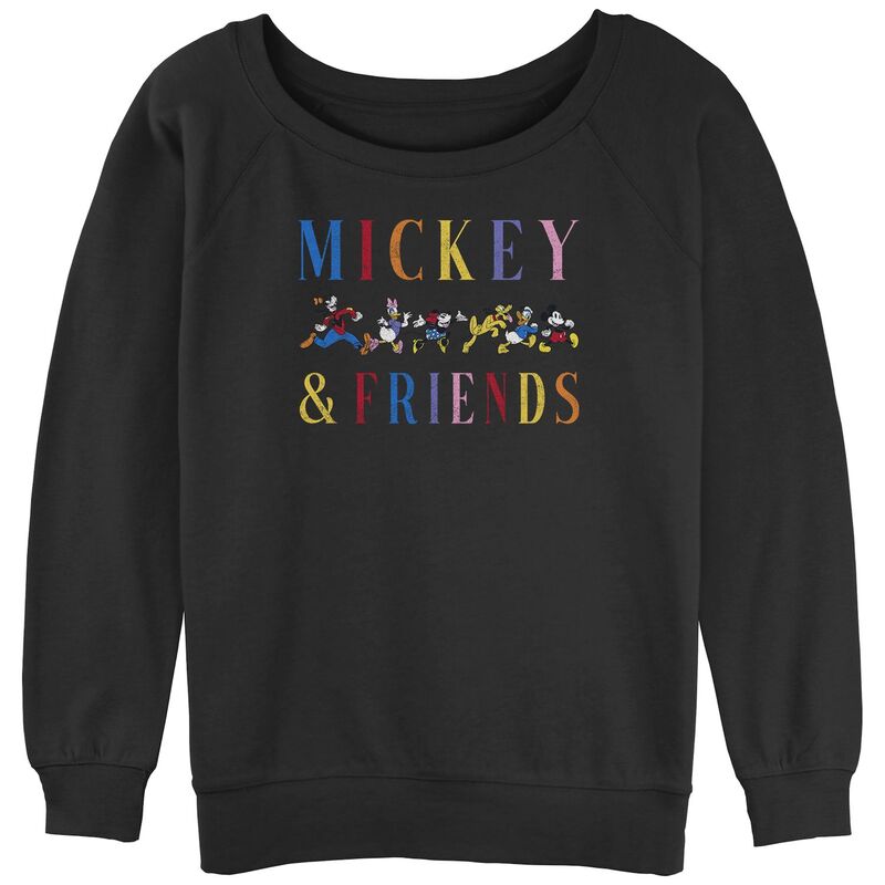 ディズニー レディース トップス Tシャツ パイル グラフィック Disney's Mickey Mouse And Friends Running Lineup Juniors' Graphic Slouchy Terry Black ブラック