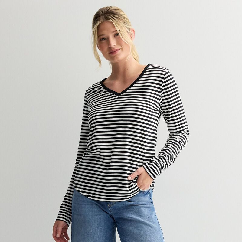 ソノマ レディース トップス Tシャツ Vネック Women 039 sonoma Goods For Lifeveryday Long Sleeve V-Neck T-Shirthin Black Stripe ブラック