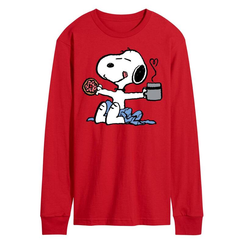 アニメキャラクター メンズ トップス Tシャツ Licensed Character Men's Peanutsnoopy Donut Coffee Long Sleeve Red レッド