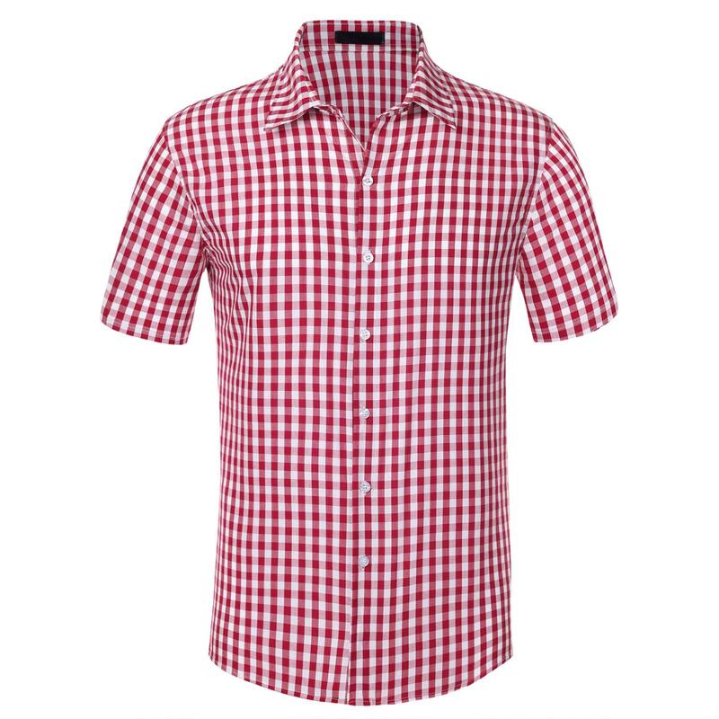 Lars Amadeus メンズ トップス Tシャツ Lars Amadeus Checked Shirts For Men'short Sleeves Button Formal Plaid Tartan Dresshirt Red レッド
