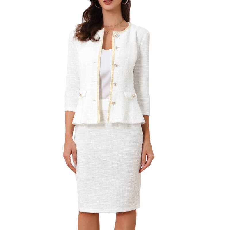 アレグラ ケー レディース アウター ジャケット・ブルゾン ボタンダウン ツイード スカート ダウン ALLEGRA K Women's 2 Piece Tweed Businessuit Button Down 3/4 Sleeve Jacket Pencil Skirt Elegant Skirt Set White ホワイト