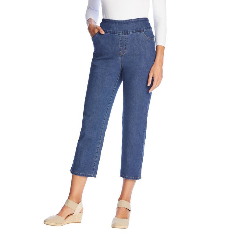 ウーマン ウィズイン レディース ボトムス カジュアルパンツ プラスサイズ プチ デニム キャップ ジーンズ Woman Within Plusize Petite Pull-On Elastic-Waistretch Denim Capri Jeans Medium Stonewash デニム