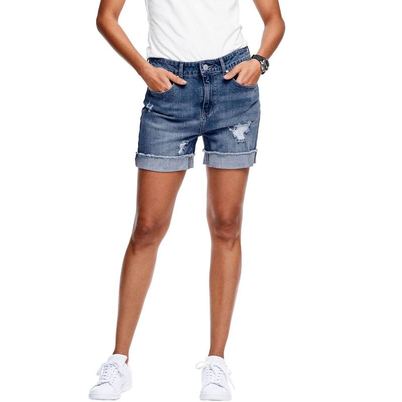 Ellos レディース ボトムス ハーフパンツ・ショーツ プラスサイズ ショートパンツ ellos Plusize Mid-Rise Stretch Frayed Cuff Hem Shorts Medium Blue Distressed ブルー