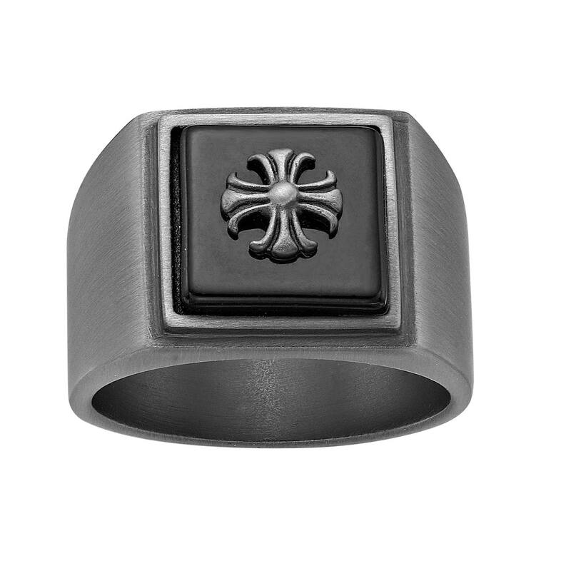 リンクス メンズ アクセサリー リング Tシャツ LYNX Men's Gray Ion Plated Stainlessteel Ring Black Agate Cross Ring Multi マルチカラー