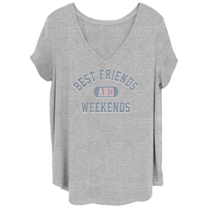 アニメキャラクター レディース トップス Tシャツ Vネック プラスサイズ Licensed Character Juniors' Plusize "Best Friends And Weekends" V-Neck Tee Heather Gray グレー