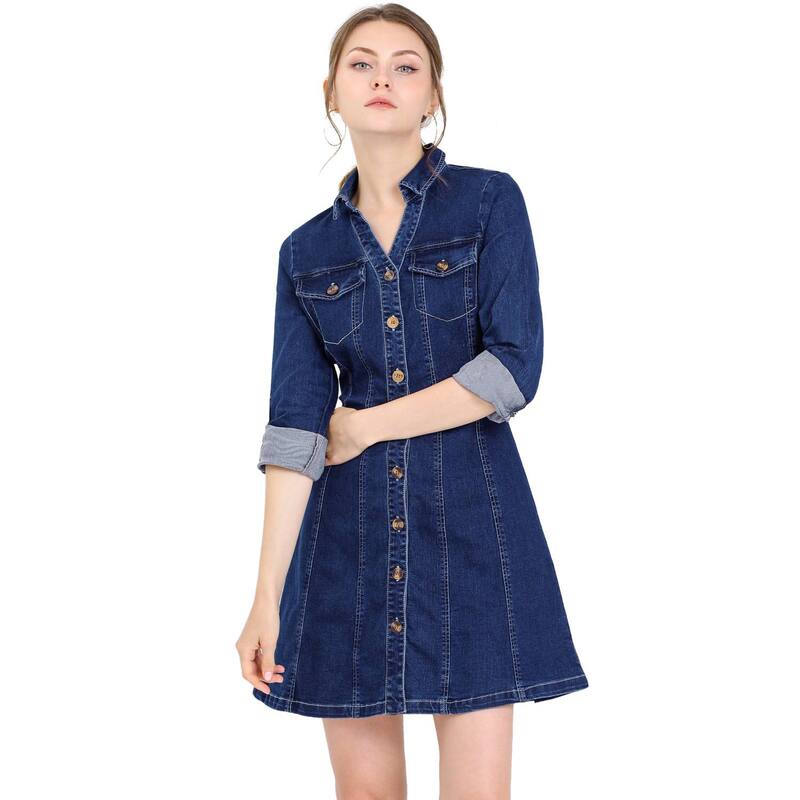アレグラ ケー レディース トップス ワンピース Vネック シャツ デニム ALLEGRA K Women's Denim V-Neck Roll Up Sleeve Shirt Dress Deep Blue ブルー