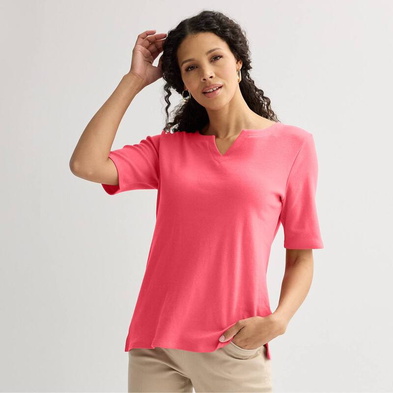 クロフト＆バロー レディース トップス Tシャツ Women's Croft & Barrow Elbow-Sleeve Splitneck Top Comet Coral コーラル