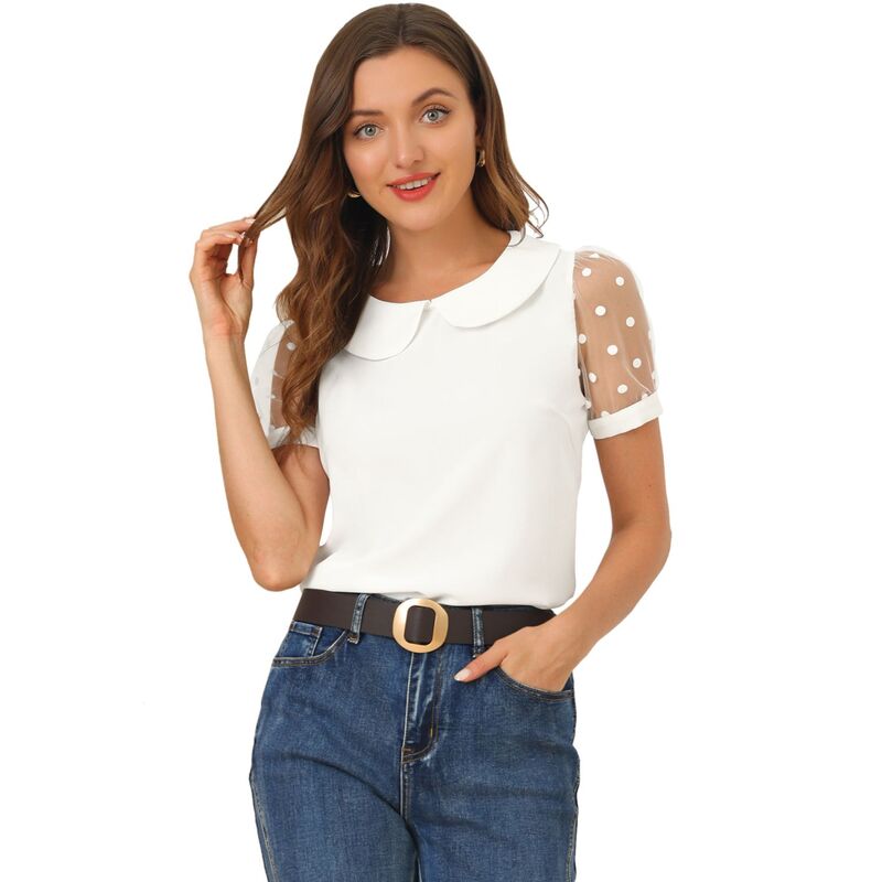 樂天商城 - アレグラ ケー レディース トップス シャツ ヴィンテージ ドット メッシュ ブラウス ALLEGRA K Women's Peter Pan Collar Top Short Sleeve Vintage Polka Dots Mesh Sleeve Blouse White ホワイト