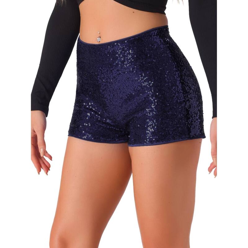 アレグラ ケー レディース ボトムス ハーフパンツ・ショーツ ミッドライズ ショートパンツ スパンコール ALLEGRA K Sequin Short Pants for Women's Midrise Solid Sparkle Coctail Elastic Waist Shorts Dark Blue ブルー