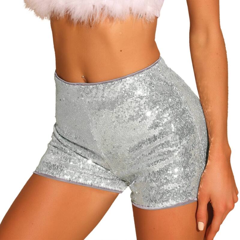 アレグラ ケー レディース ボトムス ハーフパンツ・ショーツ ミッドライズ ショートパンツ スパンコール ALLEGRA K Sequin Short Pants for Women's Midrise Solid Sparkle Coctail Elastic Waist Shortsilver シルバー