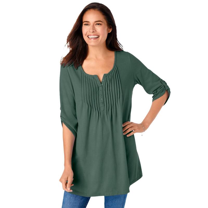 ウーマン ウィズイン レディース トップス Tシャツ プラスサイズ Woman Within Plusize 7-Day Three-Quarter Sleeve Pintucked Henley Tunic Pine