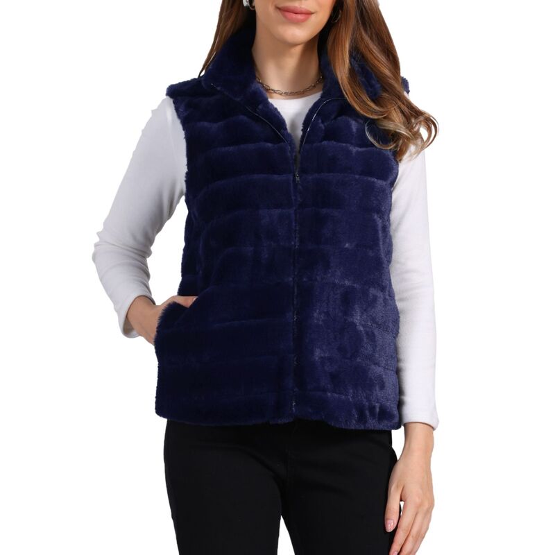 アレグラ ケー レディース アウター ジャケット・ブルゾン ベスト ノースリーブ コート ALLEGRA K Fluffy Vest Jacket for Women'stand Collar Warm Faux Fur Winter Sleeveless Coat Dark Blue ブルー