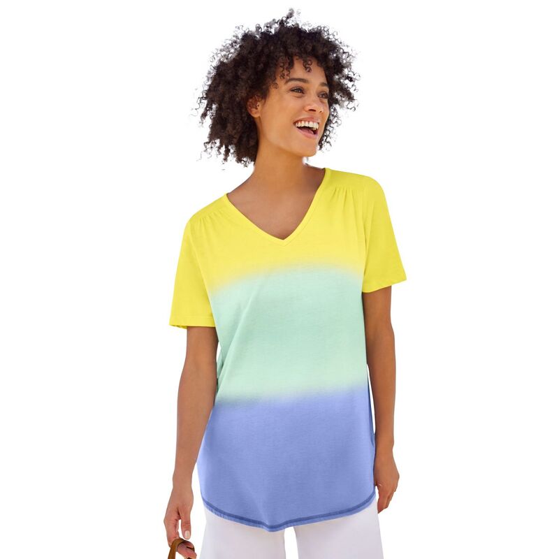 ウーマン ウィズイン レディース トップス Tシャツ Vネック プラスサイズ 半袖 Woman Within Plusize Short-Sleeve V-Neck Shirred Tee Multi Dip Dye マルチカラー