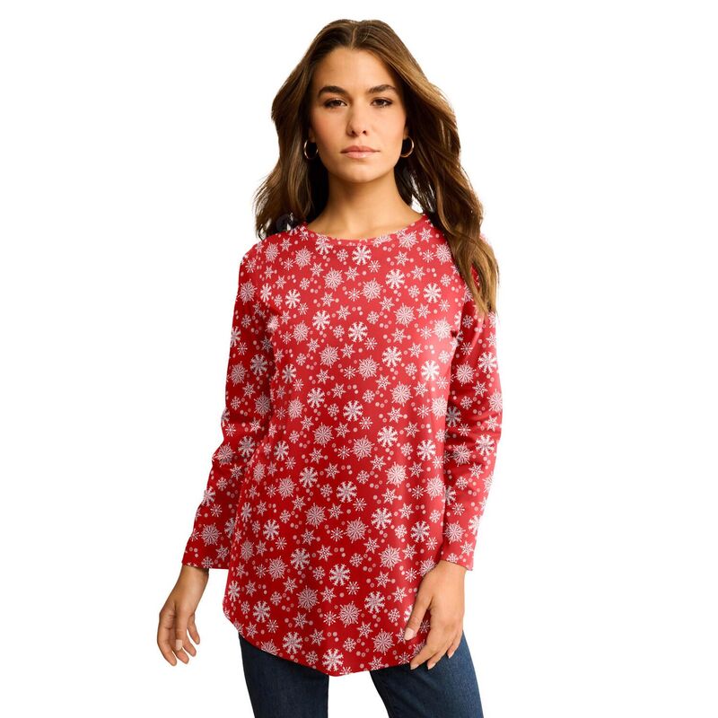 ロアマンズ レディース トップス Tシャツ クルーネック プラスサイズ コットン Roaman's Women's Plusize Ultimate Cotton Crewneck Long Sleeve Tee Red Falling Flakes レッド