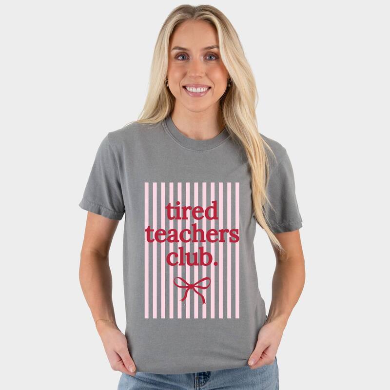 Simply Sage Market レディース トップス Tシャツ グラフィック Simply Sage Market Pink Tired Teachers Club Stripes - Women's Garment Dyed Graphic T-Shirt Grey グレー