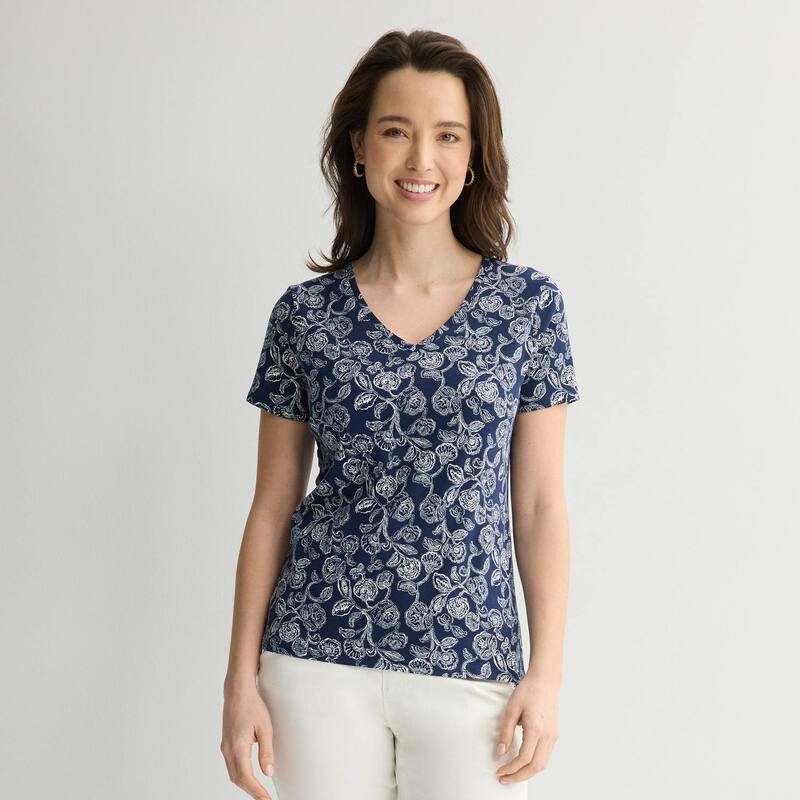 クロフト＆バロー レディース トップス Tシャツ Vネック プチ Petite Croft & Barrow Essential V-Neck Tee Navy Soft Vines ネイビー