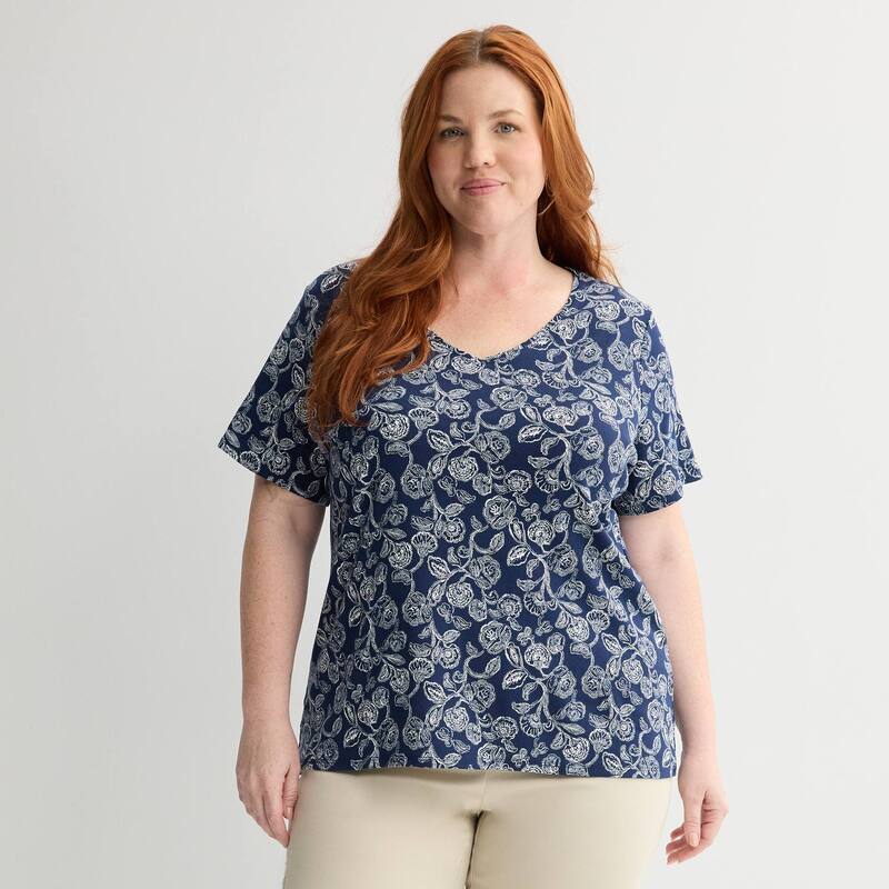 クロフト＆バロー レディース トップス Tシャツ Vネック プラスサイズ Plusize Croft & Barrow Essential V-Neck Top Navy Soft Vines ネイビー
