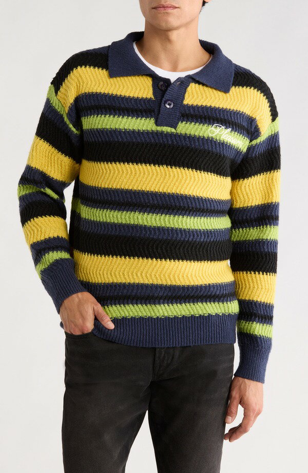 プレジャーズ メンズ アウター パーカー・スウェット ポロシャツ セーター PLEASURES Cooper Stripe Long Sleeve Polo Sweater Yellow イエロー