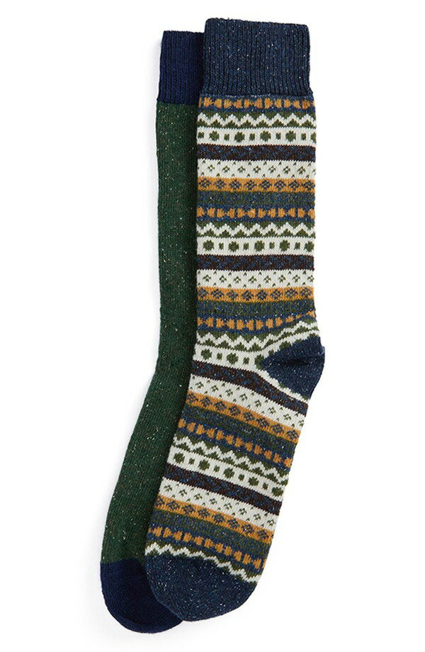 バブアー メンズ アンダーウェア 靴下 ウール Barbour Assorted 2-Pack Neppy & Fair Isle Wool Blend Socks Multi Green グリーン
