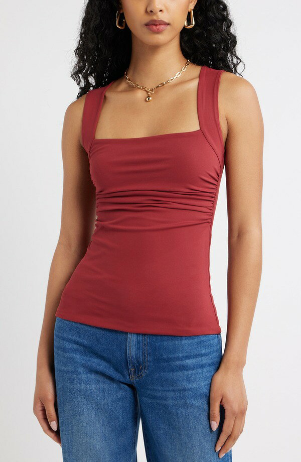 オープンエディット レディース トップス シャツ ギャザー Open Edit Ruched Square Neck Tank Red Ruby レッド