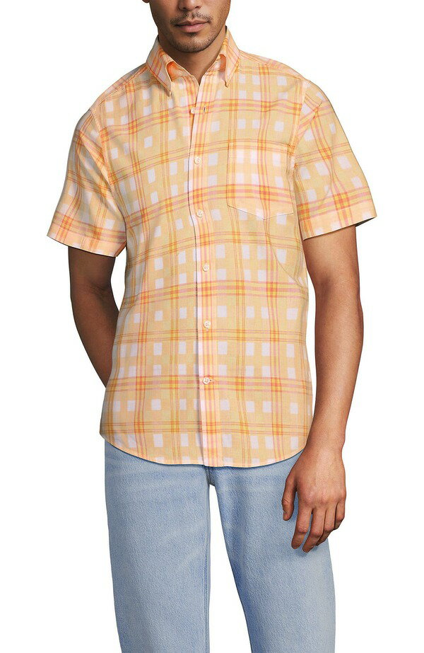 ランズエンド メンズ トップス シャツ Lands' End Traditional Fit Short Sleeve Madrashirt Subtle Apricot/Yellow Plaid アプリコット
