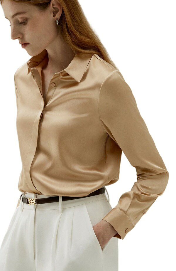 リリーシルク レディース トップス シャツ Lilysilk Women's Basiconcealed Placket Silk Shirt Light Camel キャメル