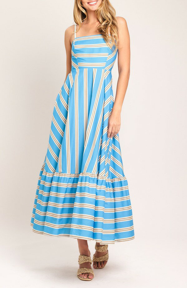 フライングトマト レディース トップス ワンピース ミディ コットン FLYING TOMATO Directional Stripe Cotton Midi Dress LIGHT BLUE ブルー