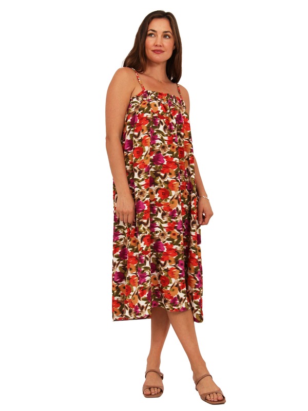 24 セブンコンフォート レディース トップス ワンピース A ライン プリント シャーリング マキシ 24seven Comfort Apparel Womens Essential Abstract Print Spaghetti Strap Smocked Pocket A-Line Maxi Dress Red Multi レッド