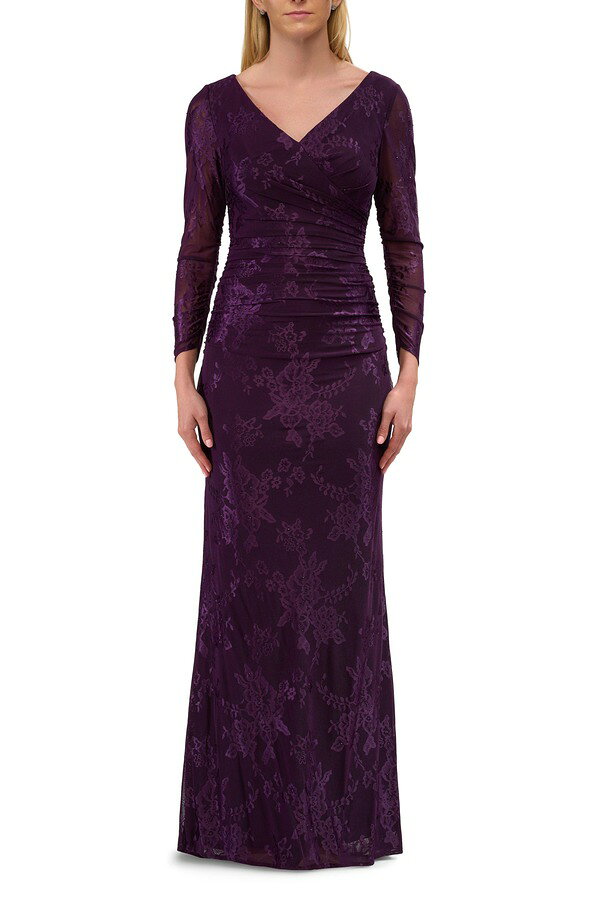 ラフェム レディース トップス ワンピース レース La Femme Chic Stretch Lacevening Dress with Ruching and V Necklineggplant