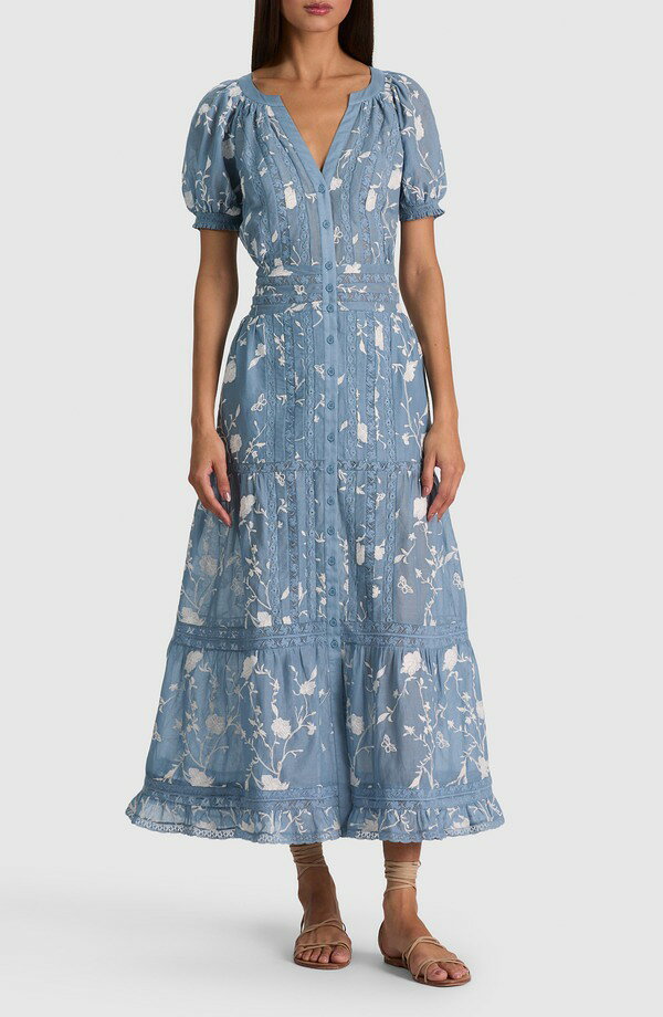 アリス アンド オリビア レディース トップス ワンピース レーストリム ミディ シャツ コットン レース Alice + Olivia Kathryn Lace Trim Cotton Midi Shirtdress DEEP DENIM BLUE/ VANILLA デニム