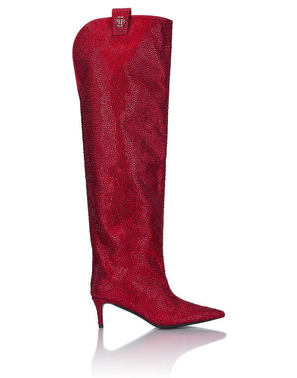 フィリッププレイン レディース シューズ スニーカー ブーツ ヒール PHILIPPLEIN Low-Heel Overknee Boots Mixed Strass 6 Women (Women) red レッド