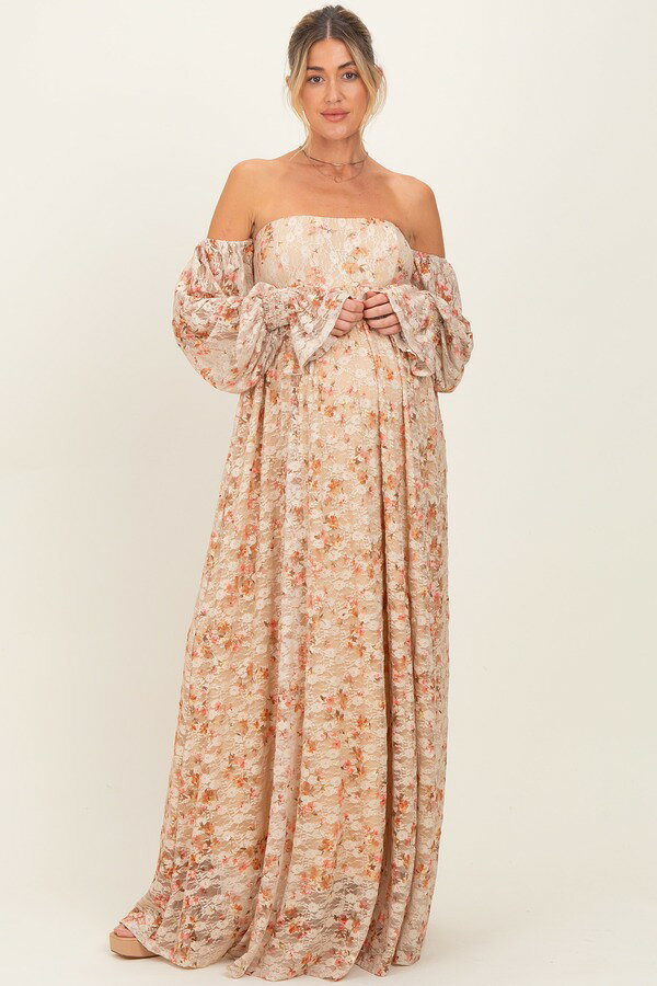ピンクブラッシュ レディース トップス ワンピース フラワー柄 シャーリング レース マタニティ マキシ フラワー PinkBlush Color Floralace Smocked Long Sleeve Off Shoulder Maxi Dress (Maternity) Multi マルチカラー