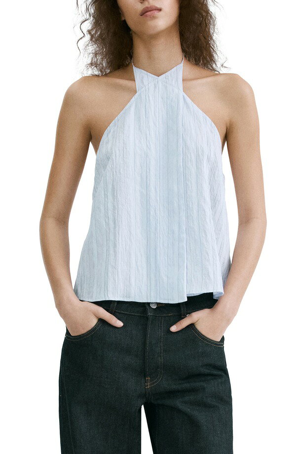 マンゴ レディース トップス シャツ ホルター MANGO Stripe Crossover Halter Top BLUE ブルー